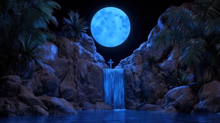 Fototapeta premium Mystical Waterfall and Cross Under Blue Moon in Lush Tropical Landscape