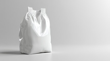 A white plastic bag with a white label