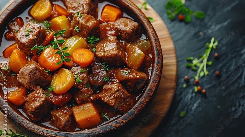 Poster beef bourguignon stew with vegetables close up top view : generative ai