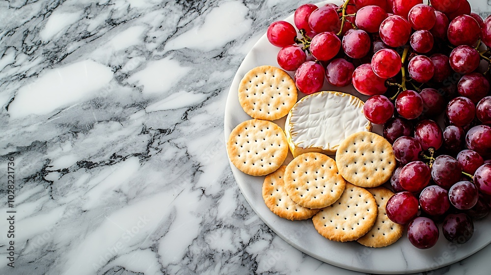Poster Assortment of cheese grapes and crackers Marble background Top view : Generative AI