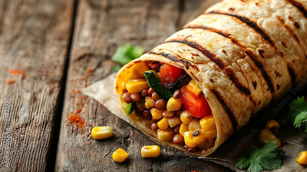 Poster vegan tortilla wrap roll with grilled vegetabes and lentil and boiled corn cob on a wooden backgroun