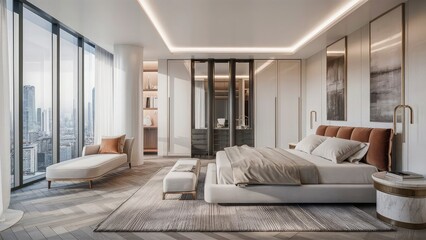 A bedroom with a bed and a door that leads to a balcony.