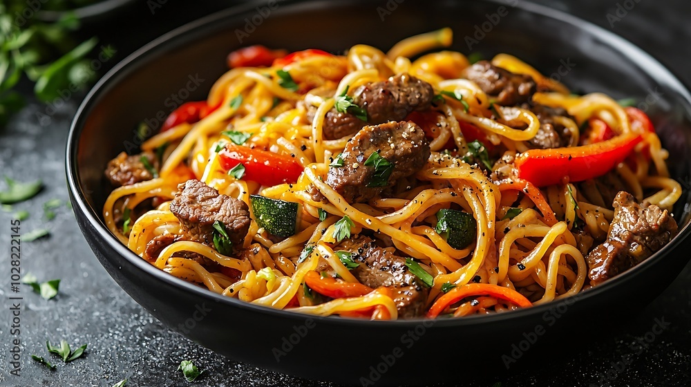 Poster stir fry noodles with vegetables and beef in black bowl slate background copy space top view : gener
