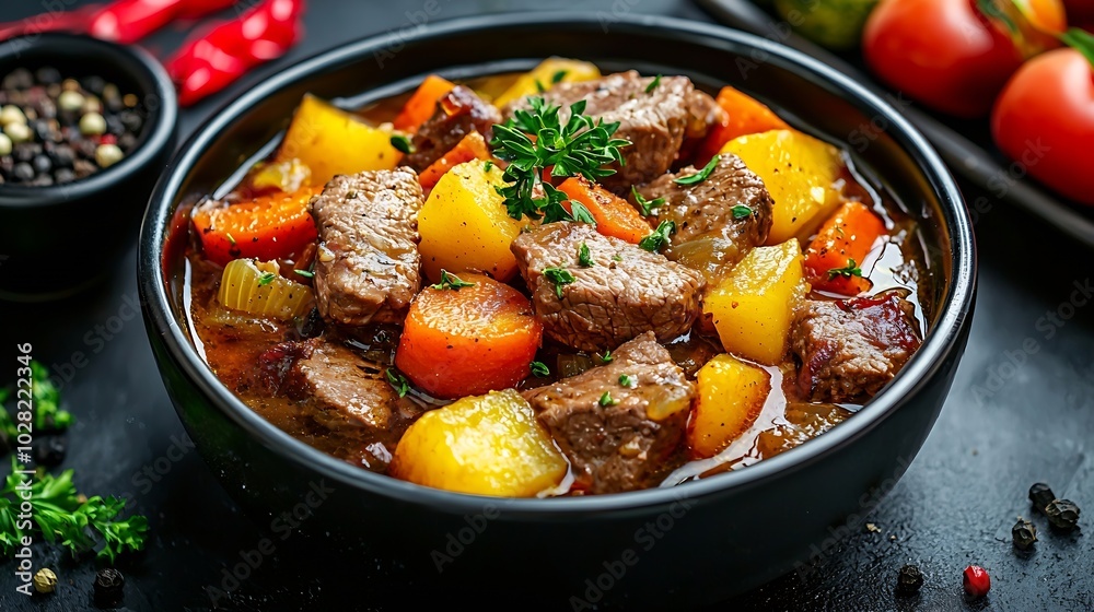 Poster beef meat and vegetables stew in black bowl dark background close up : generative ai
