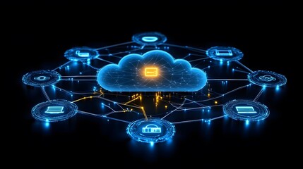 A cyber landscape showing secure connections between devices and protected data flow