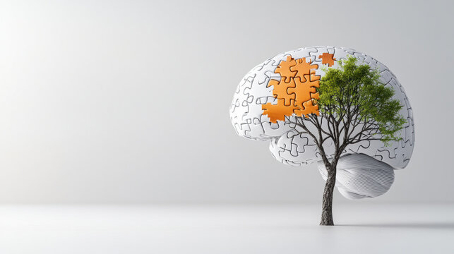 brain made of puzzle pieces with tree growing from it symbolizes creativity and growth. This unique concept blends nature and intellect, showcasing connection between thought and life