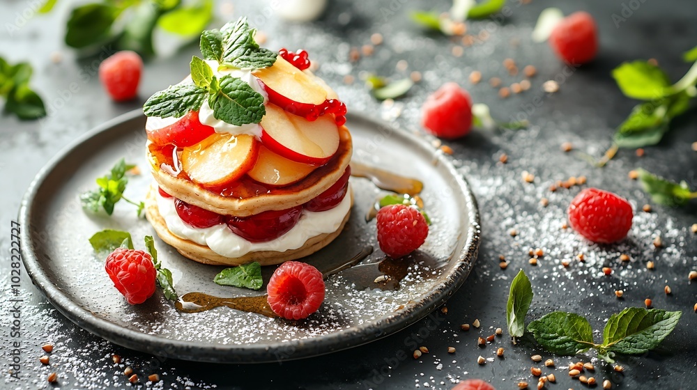 Poster buckwheat pancakes with poached apples and cream : generative ai