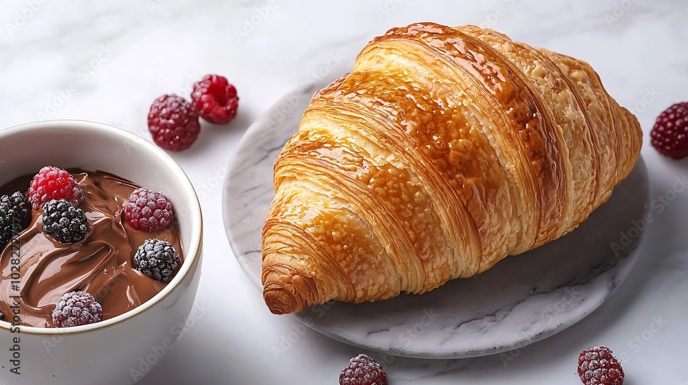 Poster Croissant with fresh berries chocolate spread and butter with cup of coffee on a marble texture background Top view Copy space : Generative AI