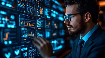 A professional explaining cybersecurity strategies in front of a digital screen with security visuals