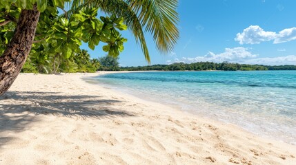 Obraz premium Tropical Beach Paradise with Palm Tree and Clear Blue Water