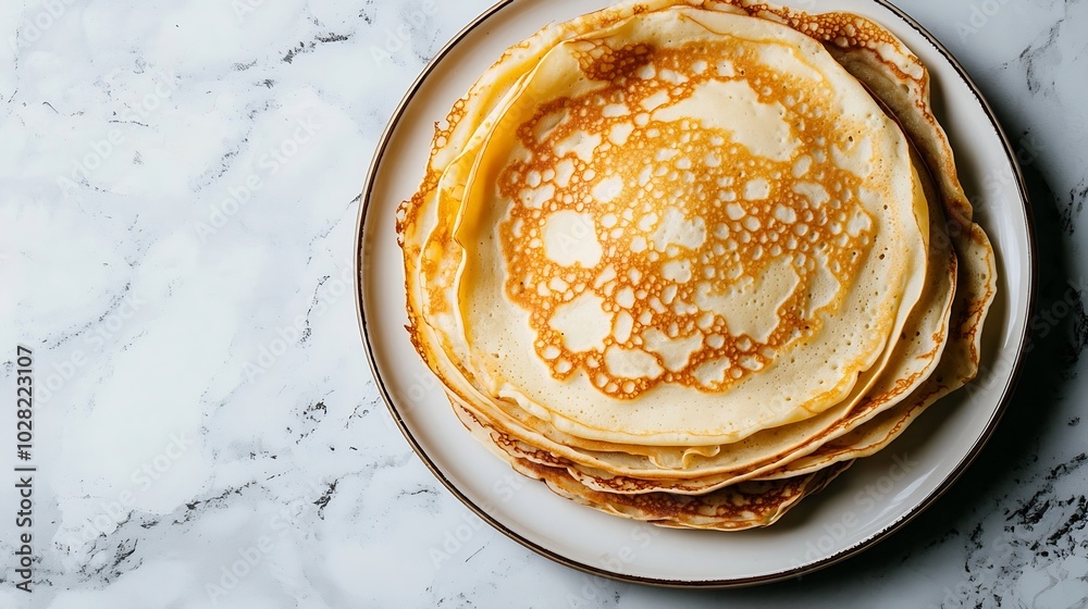 Poster crepes thin pancakes on a white plate marble background copy space top view : generative ai