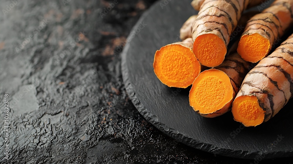 Poster fresh turmeric curcumin tumeric roots on a black plate superfood product dark background close up to