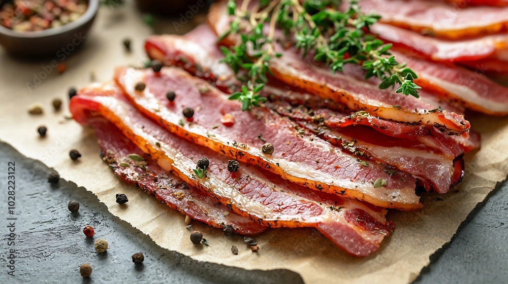 Poster Raw bacon slices with herbs spices and knife on parchment paper Grey background Copy space Top view : Generative AI