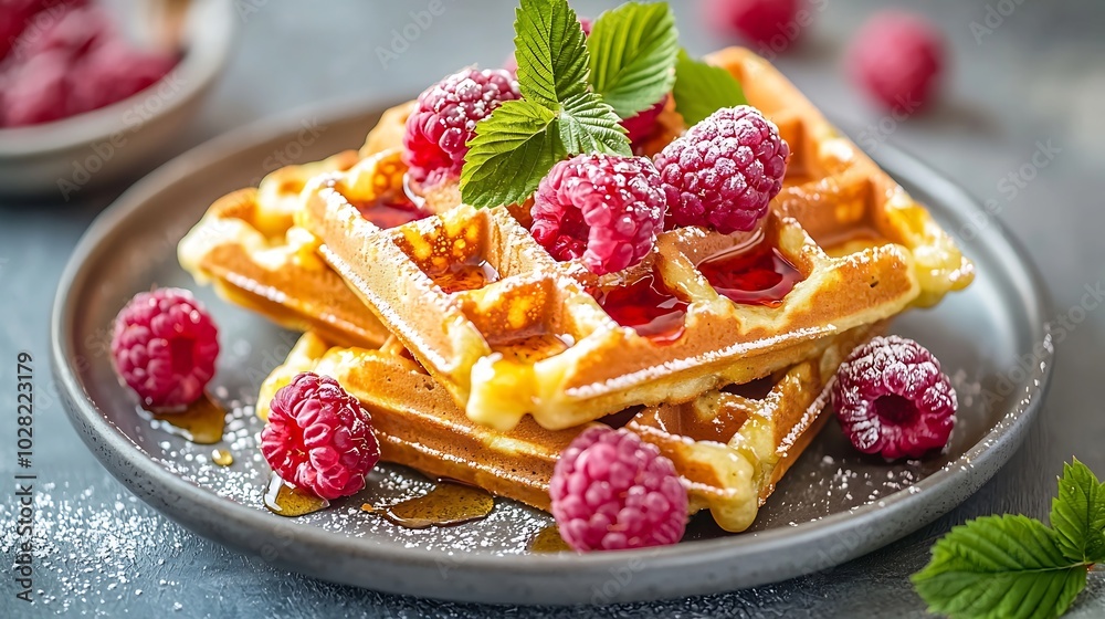 Poster Belgian waffles with maple syrup and fresh raspberry Grey background Close up : Generative AI