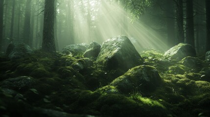 Obraz premium Sunbeams Shining Through a Misty Forest with Rocks and Moss