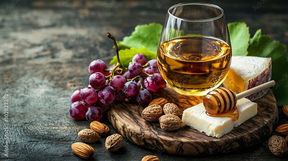 Aufkleber cheese plate with honey on a wooden board nuts and grape and red wine in glass on a wooden backgroun