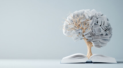 creative representation of brain made from book pages, symbolizing knowledge and growth, with tree branches extending from pages. This artwork evokes sense of imagination and learning