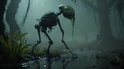 a skeleton in the water with a strange looking object