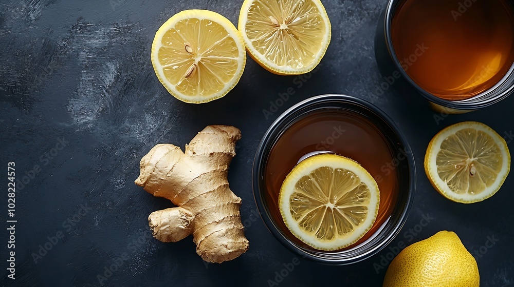 Aufkleber Ginger tea with lemon and honey in black cups Grey background Close up Top view : Generative AI