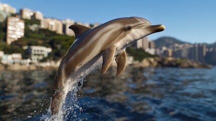 Naklejka premium Playful Dolphin Leaping Out of Water Coastal City Skyline Background