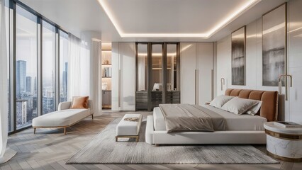 Fototapeta premium A bedroom with a bed and a door that leads to a balcony.