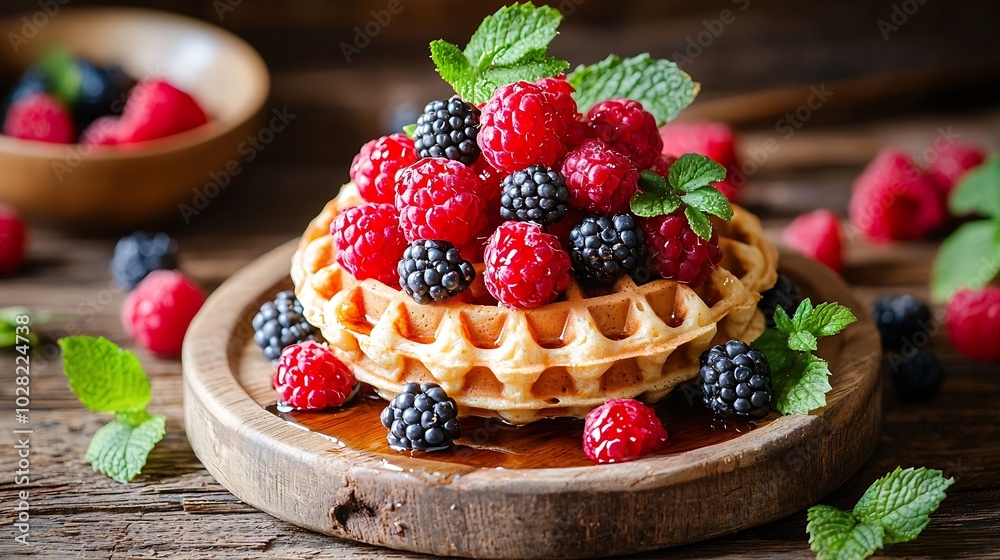Poster whole wheat waffles with maple syrup wooden background close up : generative ai