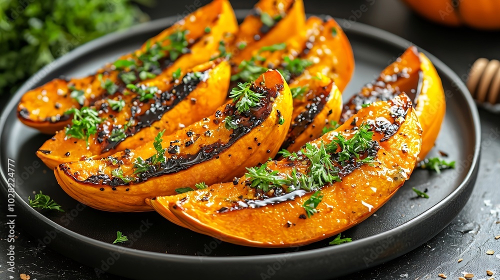 Poster roasted pumpkin with honey glaze and herbs on a black plate slate background copy space top view : g