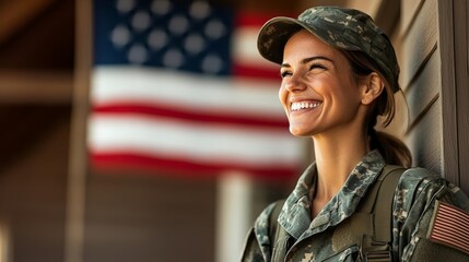 American female soldier returning home, smiling outside her house with the national flag in the background, symbol of bravery and service, servicewoman, patriotism