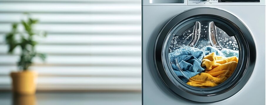 Spinning laundry inside a washing machine with splashes of water, detailed interior view, laundry wash, cleaning action