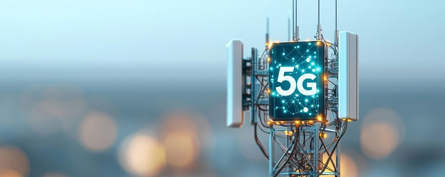 Telecommunication tower with vibrant 5G signal, glowing network connections, smart city and big data concept, 5G antenna, digital connectivity
