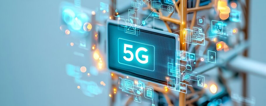 Telecommunication tower with vibrant 5G signal, glowing network connections, smart city and big data concept, 5G antenna, digital connectivity