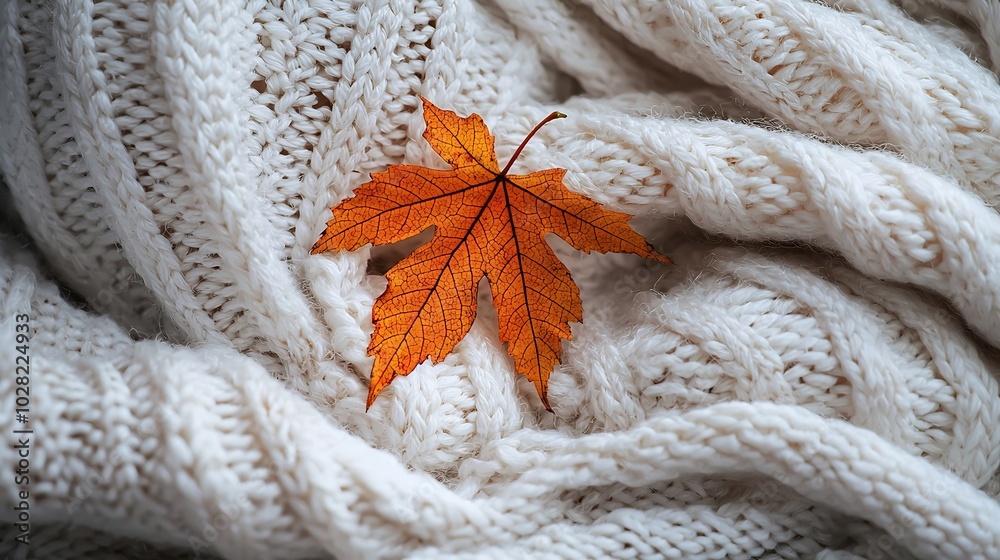 Leinwandbilder knitted white scarf pattern background with autumn maple leaf close up top view : generative ai