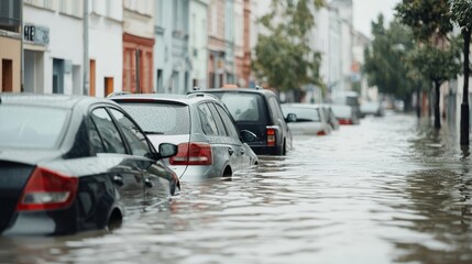 Flooded urban road with parked cars half-submerged, emergency situation after storm, gloomy weather, city flood, extreme weather