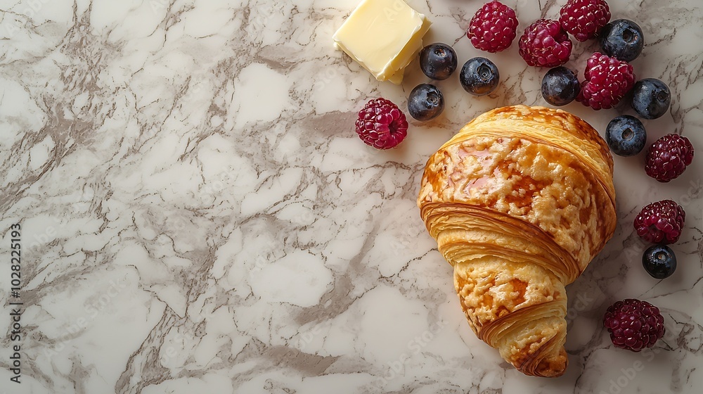Poster Croissant with fresh berries and butter on a marble texture background Top view : Generative AI