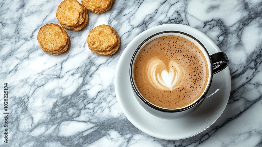 Poster cup of black coffee with amaretti cookies on marble table top view : generative ai