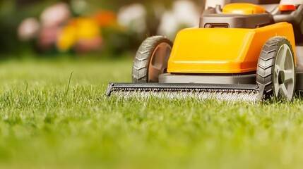 Fototapeta premium Modern lawn mower slicing through tall grass, sun-drenched garden, focus on precision and efficiency in garden care, lawn care, summer gardening