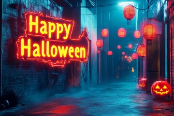 Halloween alley with glowing lanterns and carved pumpkins.
