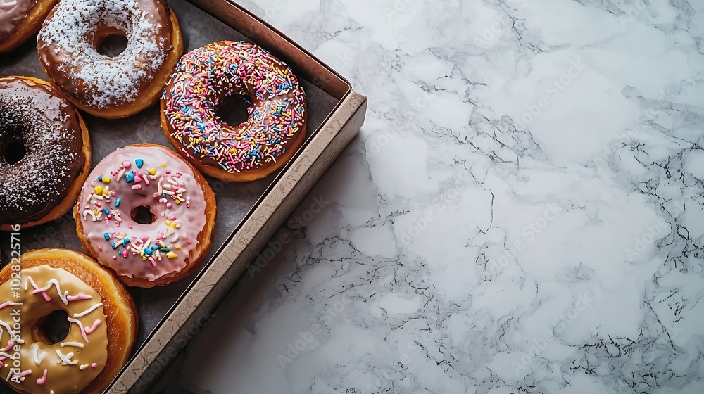 Poster Assortment of donuts in a box on marble table background Top view : Generative AI