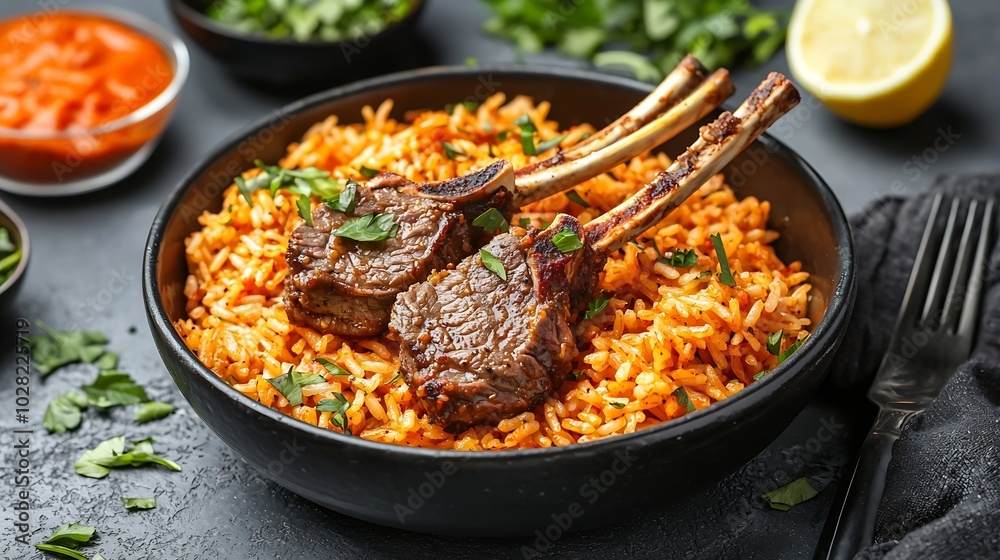 Poster traditional pilaf plov with rack of lamb grey background close up copy space : generative ai