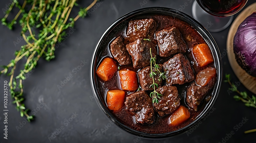 Poster Beef bourguignon stew with vegetables and red wine Grey background Top view : Generative AI