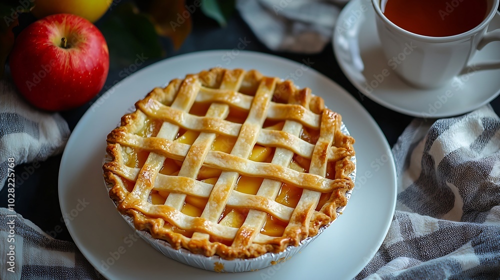Poster apple pie on a white plate with cup of tea grey background top view : generative ai