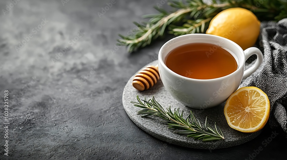 Poster tea cup with rosemary honey and lemon grey background close up copy space : generative ai