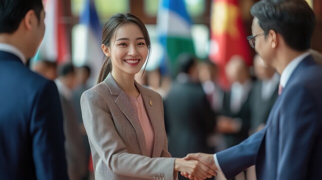 An Asian woman diplomat shaking hands with international leaders at a global summit, representing her country's interests with professionalism and poise