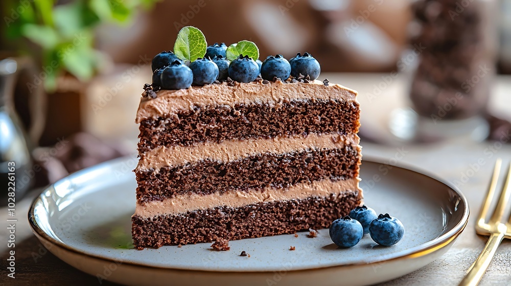 Poster chocolate cake slice on a plate with blueberries grey background : generative ai