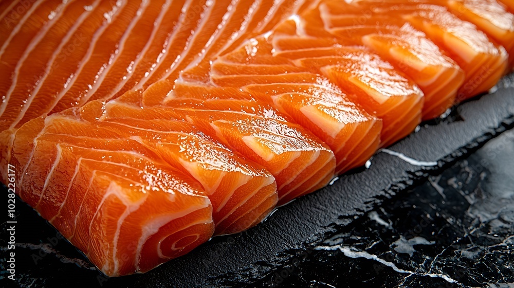 Poster salmon fish fillet texture dark marble background close up top view : generative ai