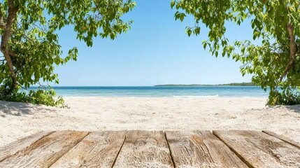 Tropical Beach Landscape with Wooden Plank   Summer Vacation Background