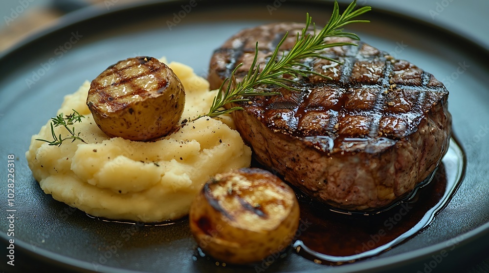Poster Beefsteak with mashed potato on a plate Grey background Close up Top view : Generative AI