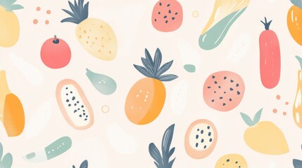 A Seamless Pattern of Colorful Fruits and Vegetables in a Whimsical Style