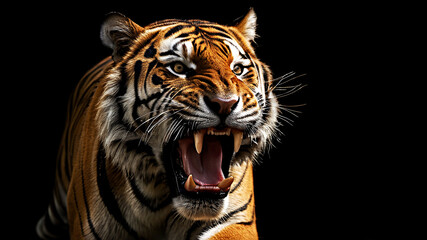 Naklejka premium Close-up of the head of an aggressive tiger ready to attack. Wild animal showcasing its impressive teeth and intense gaze. Perfect for banner, cover, interior design, poster, brochure, presentation