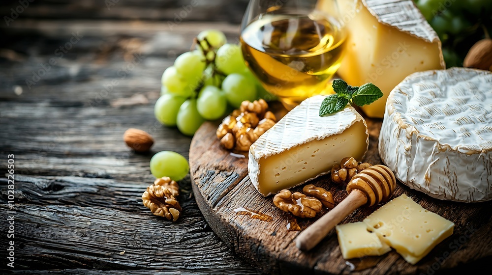 Poster Assortment of cheese with honey nuts and grape on a rustic cutting board wooden background Toning : Generative AI